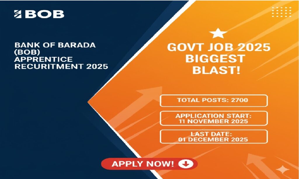 सरकारी नौकरी 2025 का सबसे बड़ा धमाका! bank of baroda अप्रेंटिस (Apprentice) के लिए आवेदन शुरू – मौका हाथ से न जाने दें! 1 bob